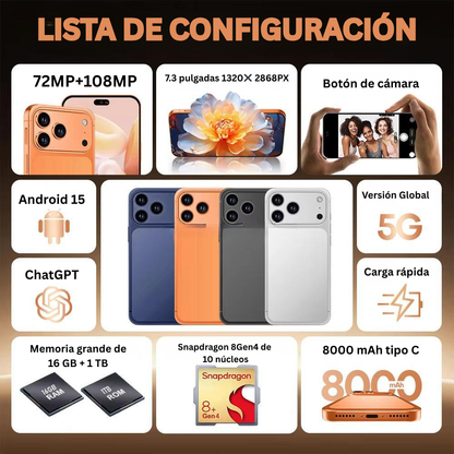 I17 Pro Max 5G – 16GB RAM + 1TB Almacenamiento – Cámara 108MP – Pantalla OLED Grande