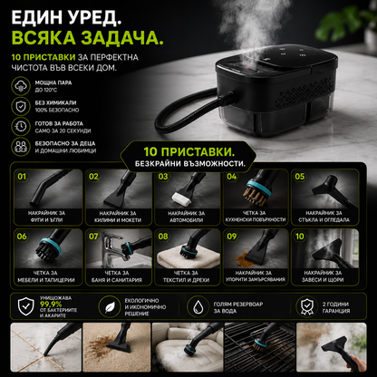 Парочистител с високо налягане 2500 W: Мощно почистване на множество повърхности за кола, кухня и дом.